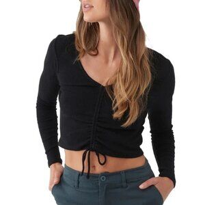 O’NEILL Leanne Crop Top Sz L Black Ribbed Raglan Sleeve VNeck Tie Cotton Blend